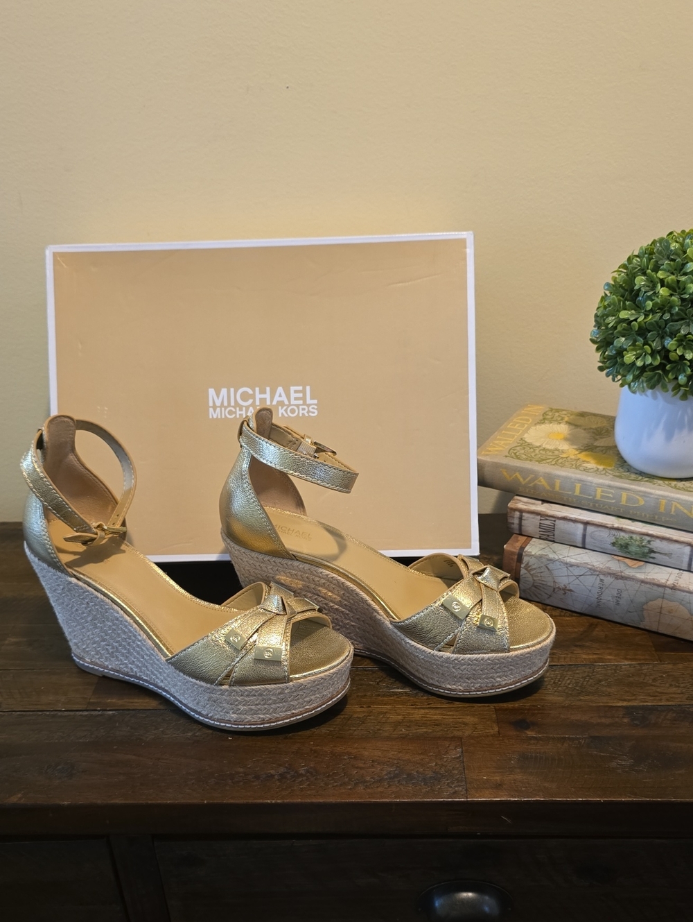 Michael Kors Leather Ripley Wedge Metallic Gold Espadrille Sandals